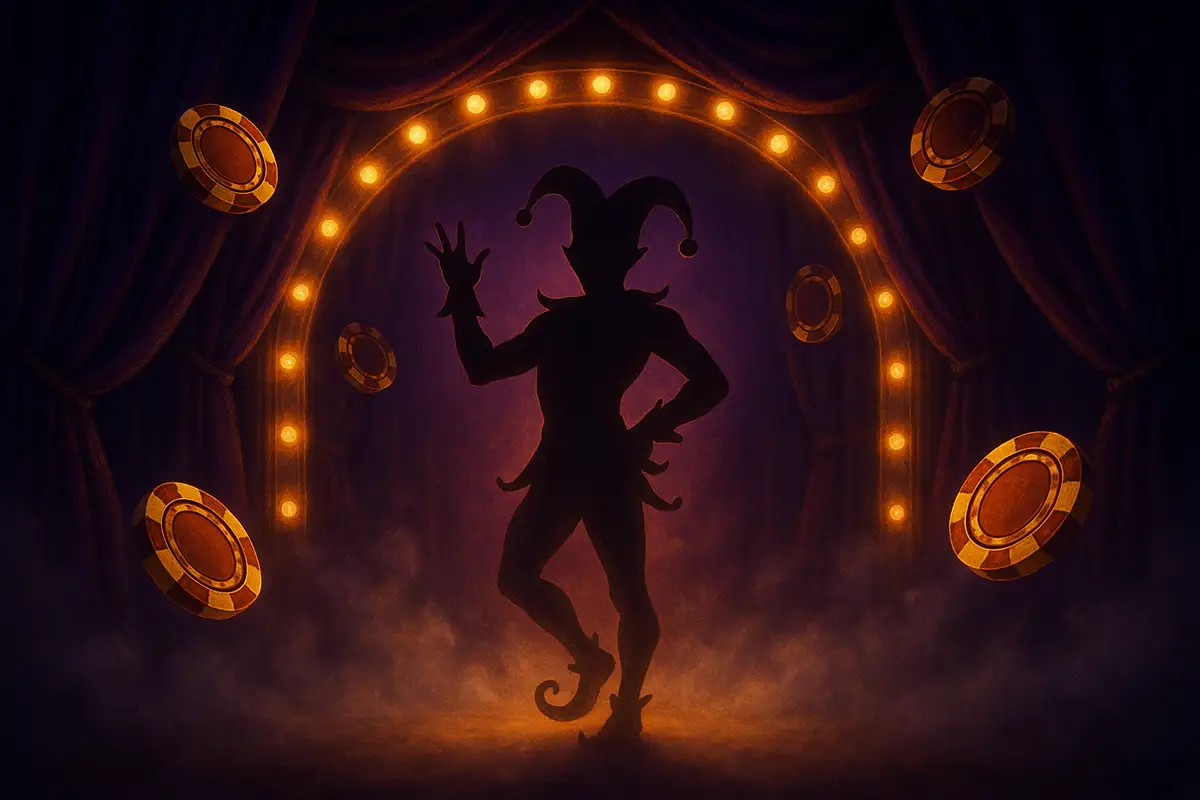 Silhouette of a jester standing on a foggy casino stage surrounded by glowing lights and floating poker chips, creating a mysterious circus-themed atmosphere.